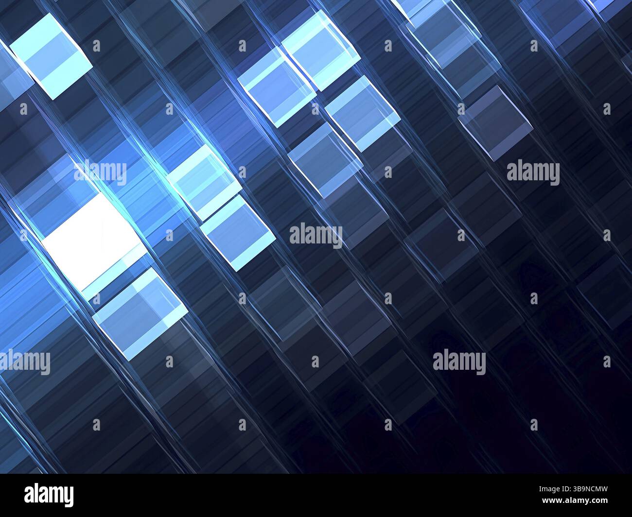 Background tecnologico con spazio di copia. Immagine astratta generata dal computer. Geometria frattale: Cubi luminosi o celle di griglia. Per progettazione Web, coperture, p Foto Stock