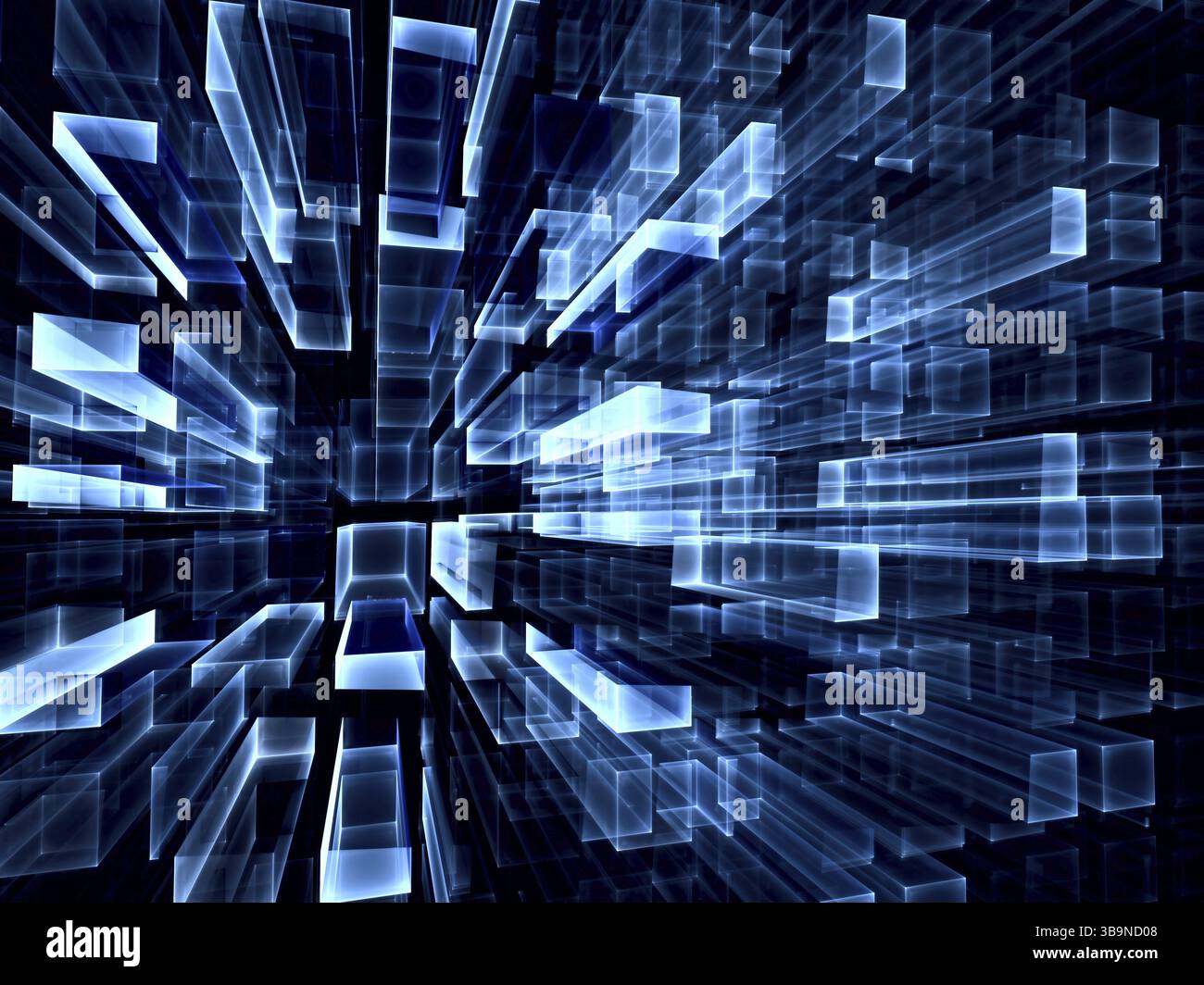 Sfondo tecnologia astratta - immagine generata al computer.geometria frattale: Rettangoli di vetro che si estendono fino all'orizzonte. Industriale, tecnologico o vir Foto Stock