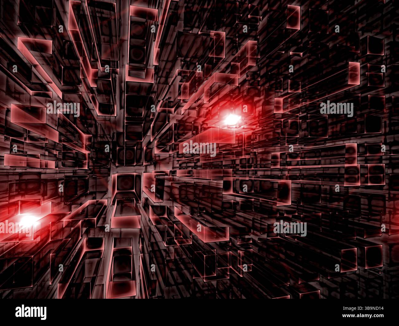Background della tecnologia astratta - illustrazione 3d generata dal computer. Geometria frattale: Rettangoli rossi che si estendono fino all'orizzonte. Industriale, tecnologia Foto Stock