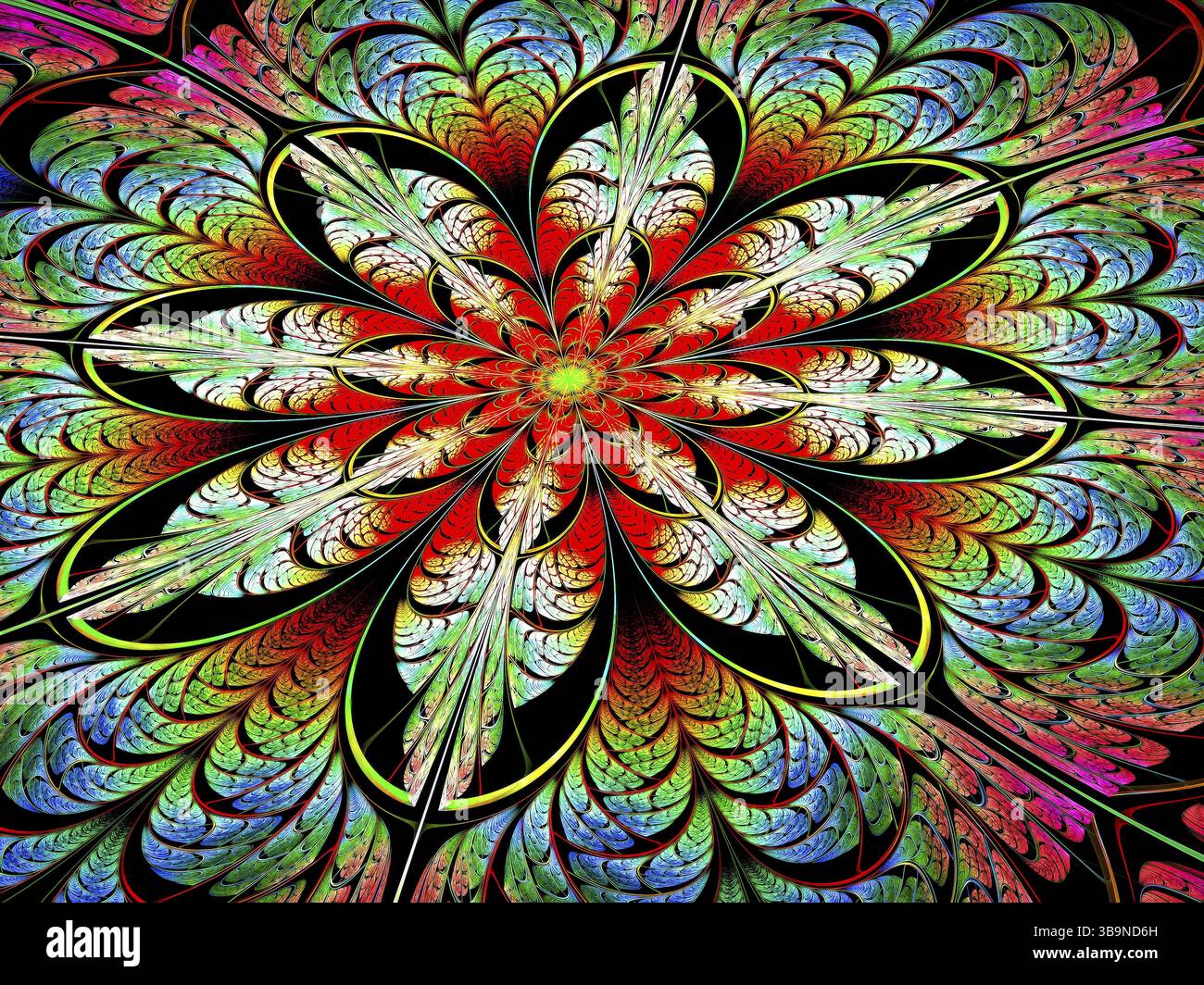 Fiore frattale astratto - immagine generata al computer. Arte digitale: Intricati petali colorati come mosaico o vetro colorato. Per Web design, schede, copertina Foto Stock