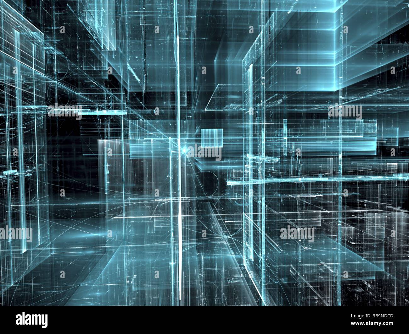 Sfondo in vetro tecnico astratto. Geometria frattale: Pareti lucide o strade di una città futura. Grafica digitale per sfondo, banner e copertine desktop. Elaborazione Foto Stock