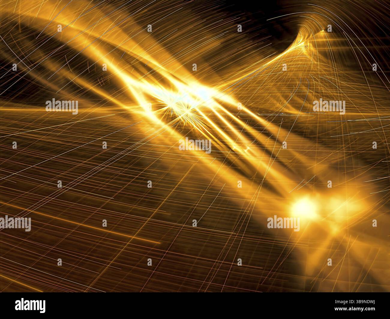 Sfondo in stile tecnologia astratta - immagine generata dal computer. Arte frattale: Onde caotiche, tratti ed effetti di luce nella composizione prospettica. Con Foto Stock