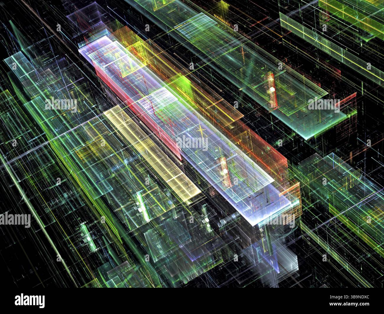 Tecnologia di sfondo dello stile - abstract computer-immagine generata. Design futuristico con pareti in vetro. Vista dall'alto di un insolito design - uno spazio o una rotaia Foto Stock