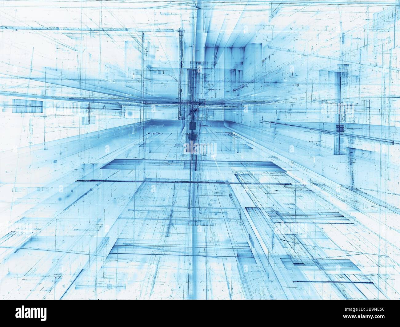 Sfondo prospettico bianco e blu astratto - immagine generata dal computer. Geometria frattale - superficie con griglia. Per banner, Web design, copertine Foto Stock