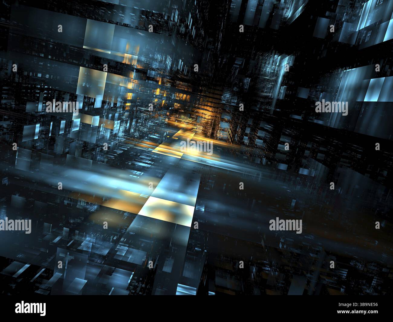 Astratta strada vuota di città futuristica o design insolito - illustrazione 3d generata al computer. Arte digitale: Struttura dei blocchi di vetro. Sci fi o vir Foto Stock