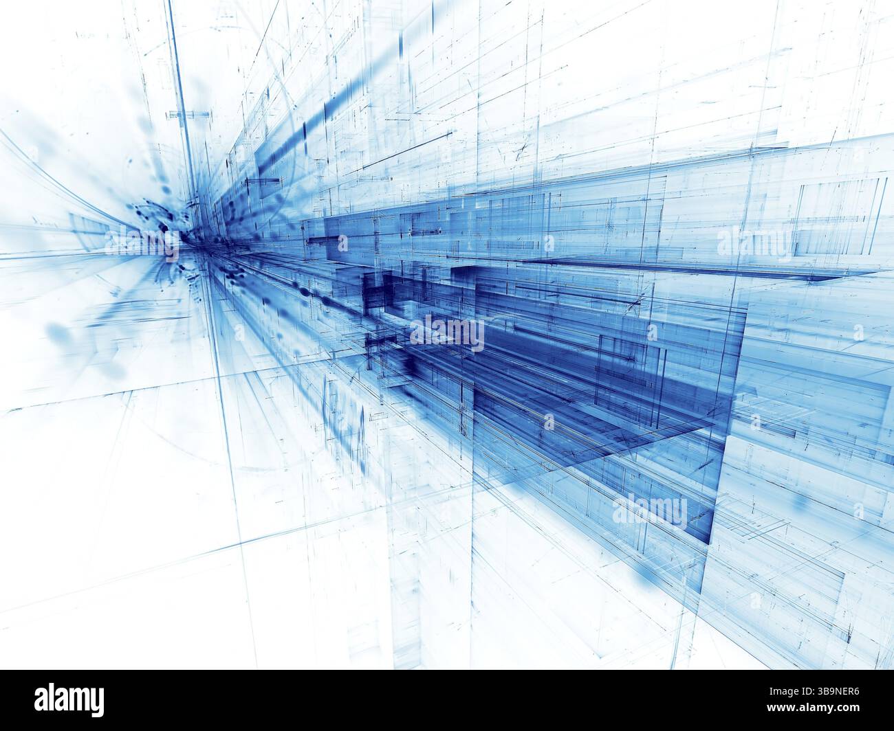Tecnologia bianca e blu del futuro o sfondo fantascientifico. Immagine astratta generata dal computer. Geometria frattale: Il caos si blocca e scoppia con i raggi. Foto Stock