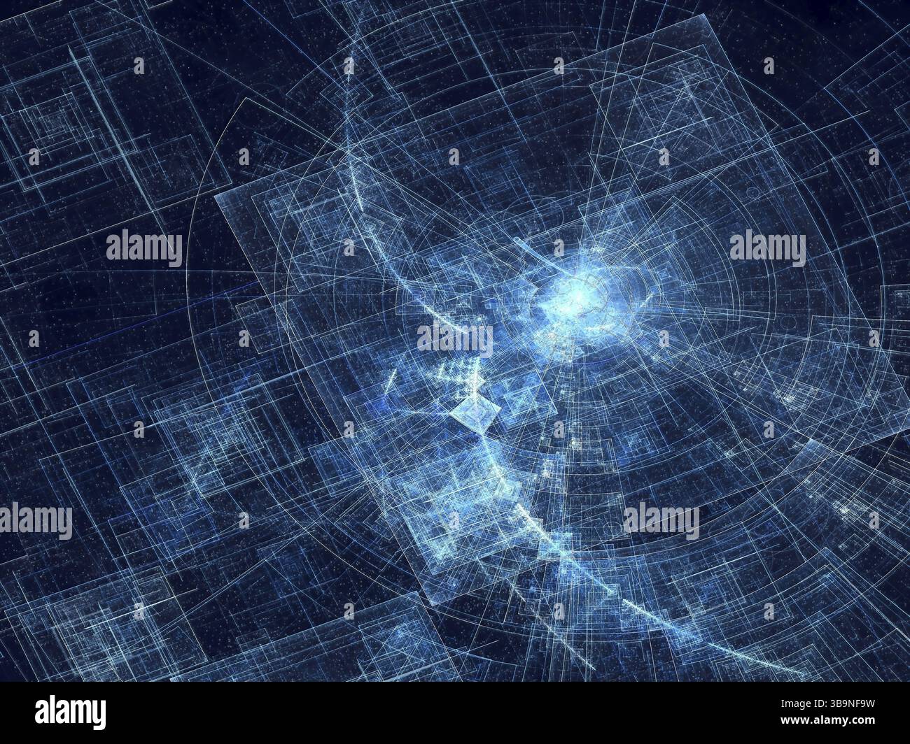 Sfondo tema tecnologia o spazio - immagine astratta generata dal computer. Cerchi, linee e forme caotici con effetti di luce. Per banner, web design, co Foto Stock