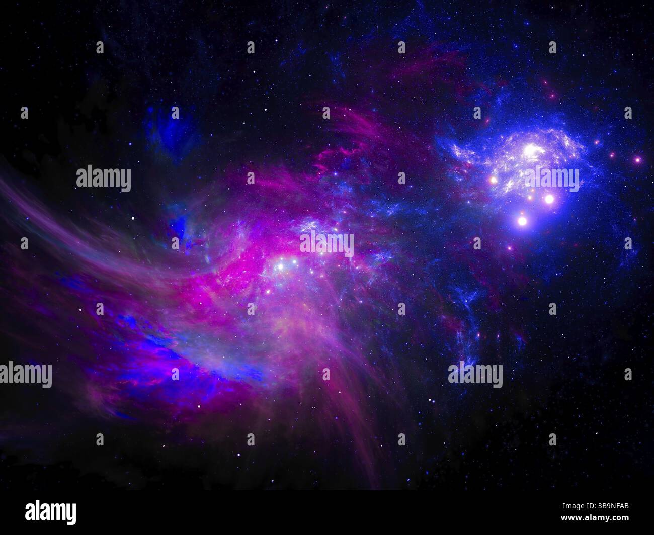 Sfondo astronomico o astrologico astratto - immagine generata al computer. Arte frattale: Cielo blu e viola con ammasso stellare, cometa e pianeti. Desktop Foto Stock