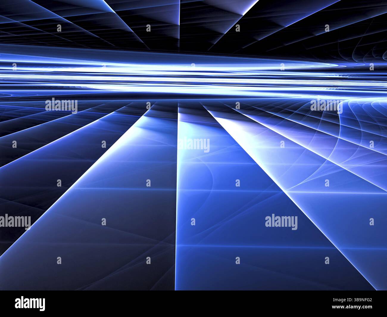 Background tecnico astratto - immagine generata dal computer. Geometria frattale: Superficie lucida e linee rette si estendono fino all'orizzonte. Tecnologia o fantascienza ba Foto Stock