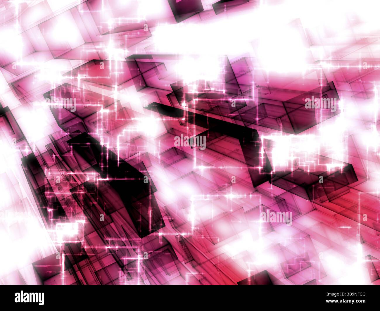 Background tecnico astratto - immagine generata dal computer. Geometria frattale: Rettangoli in vetro con effetti di luce e prospettiva. Tecnologia, business o te Foto Stock