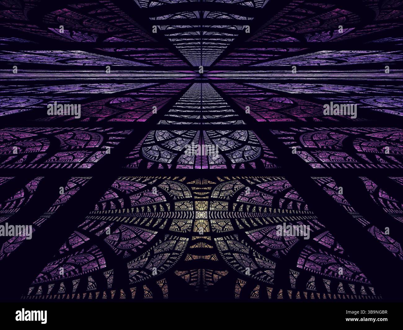 Sfondo prospettiva mistica astratta - illustrazione 3d generata al computer. Composizione viola scuro con ornamenti intricati. Esotero o ficti scientifici Foto Stock