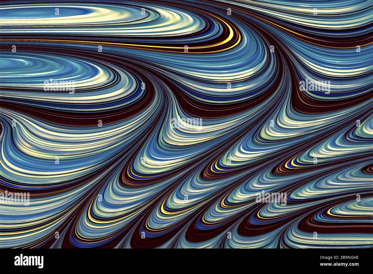 Sfondo frattale ondulato - immagine astratta generata digitalmente. Marbling digitale: Onde e ricci caotici. Per copertine, web design, poster Foto Stock