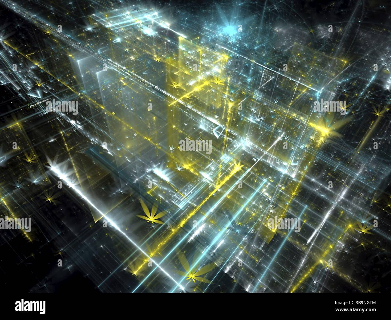 Sfocatura del vetro astratta - immagine generata dal computer. Tecnologia sfondo frattale con superficie, linee luminose e stelle. Per Web design, poster, copertine Foto Stock