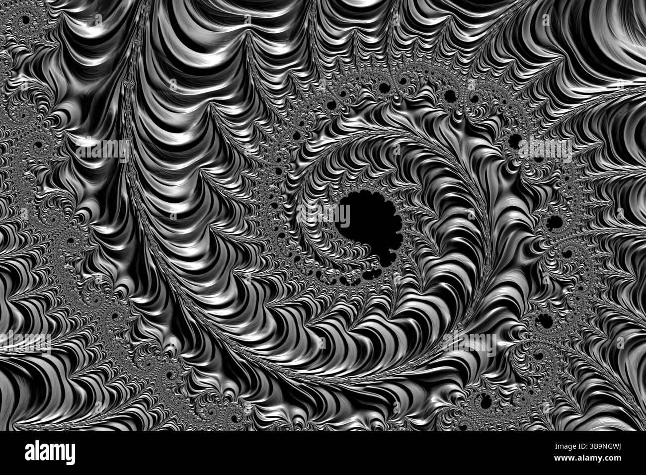 Sfondo metallico astratto - immagine generata dal computer. Geometria frattale: Schema complesso di una pluralità di bobine di dimensioni diverse come se fossero coniate Foto Stock