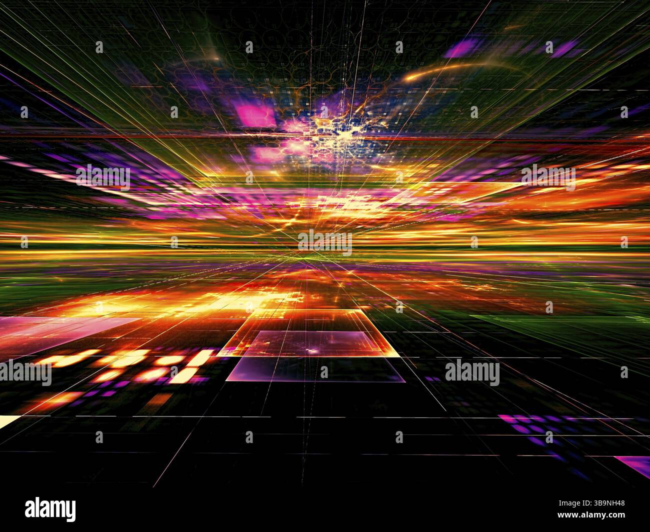 Sfondo con tecnologia astratta brillante - immagine generata dal computer. Geometria frattale: Superficie colorata, orizzonte e linee luminose al neon caotico come il flash Foto Stock