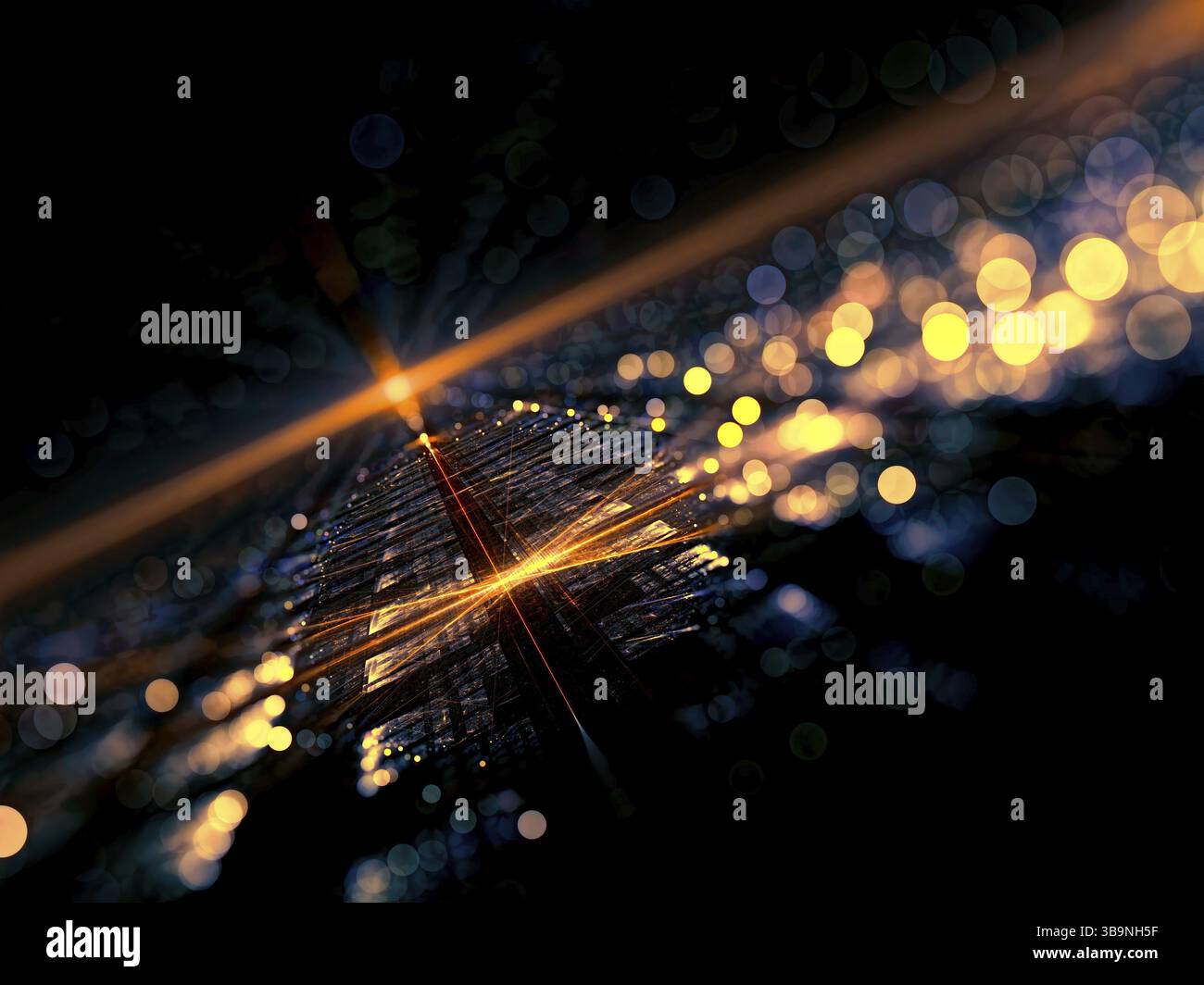 Prospettiva sfocata sullo sfondo - calcolatore astratto-immagine generata. Geometria Frattale: tech superficie e cerchio bokeh di fondo. Tecnologia, sci-fi o virtual rea Foto Stock