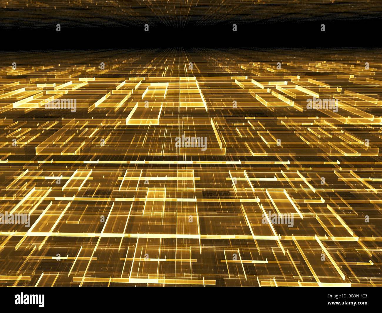 Illustrazione 3d di sfondo dorato astratto generata dal computer. Geometria frattale: Superficie dei blocchi o scheda madre insolita. Sfondo in stile tecnico con Foto Stock