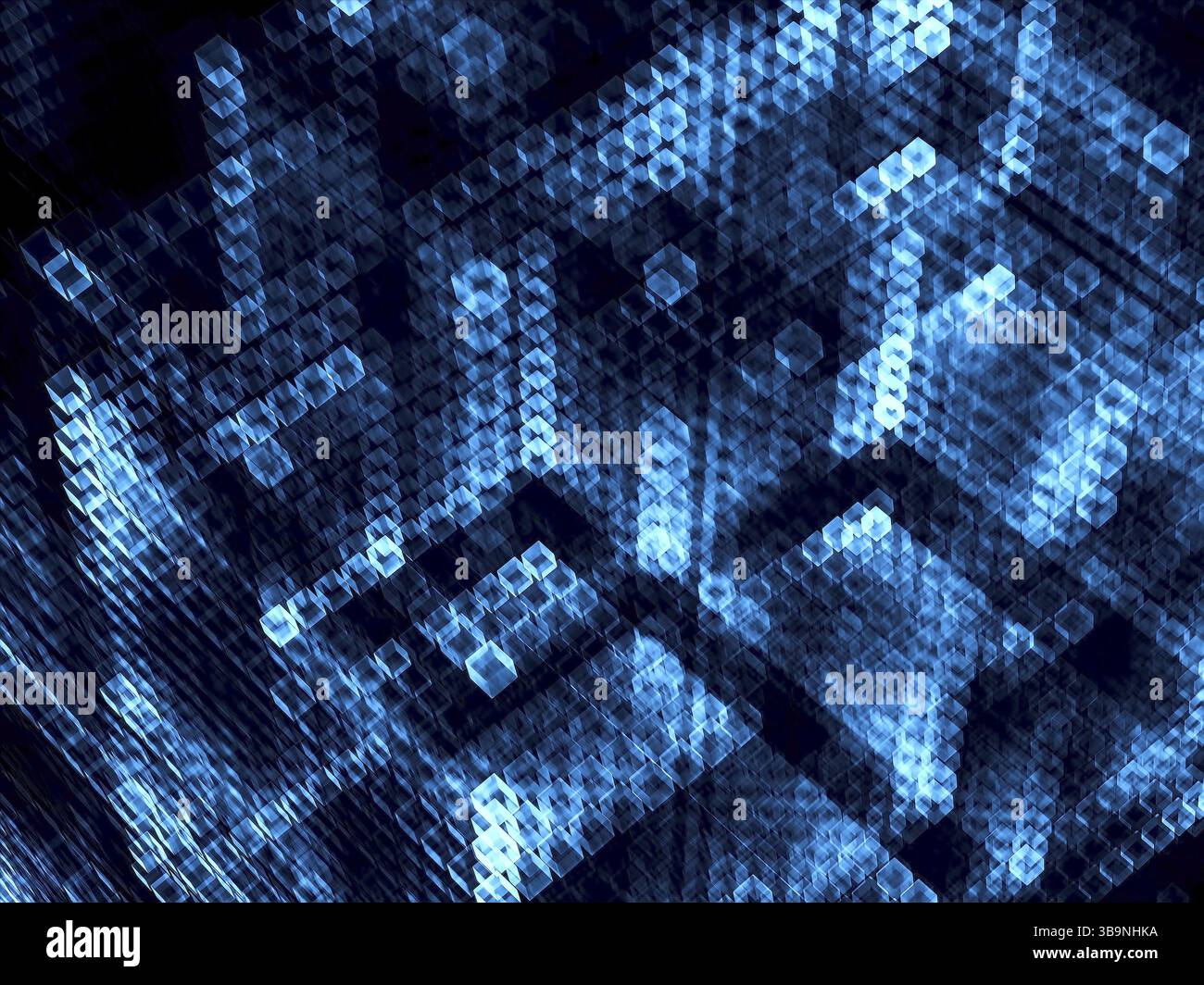 Cubi blu astratti - illustrazione 3d generata al computer. Geometria frattale: Fondo tecnologico o trama. Per copertine, web design, poster Foto Stock