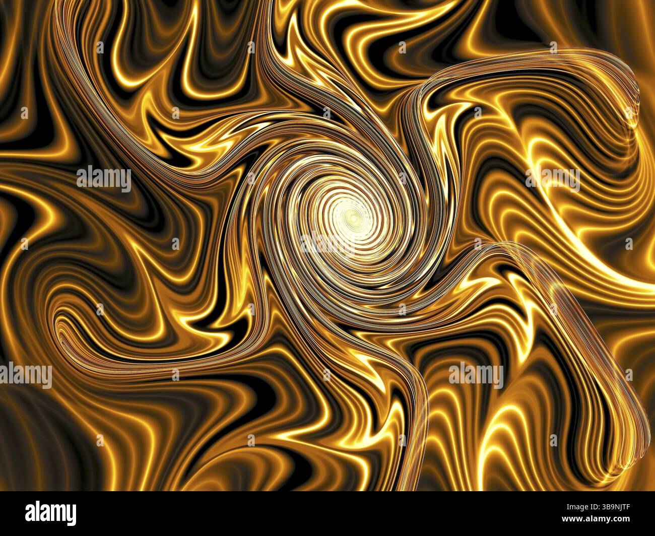 Sfondo a spirale dorata - immagine astratta generata dal computer. Geometria frattale - ricci caotici. Marbling digitale. Sfondo esoterico o psichedelico per p Foto Stock