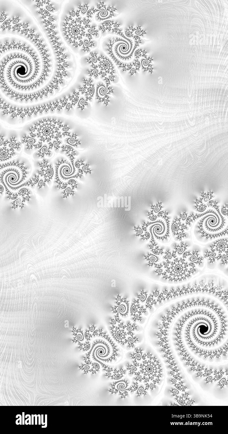 Sfondo frattale bianco - immagine generata dal computer. Arte digitale: Superficie lucida con ornamento a spirale. Sfondo chiaro per schede, copertine, Web design Foto Stock