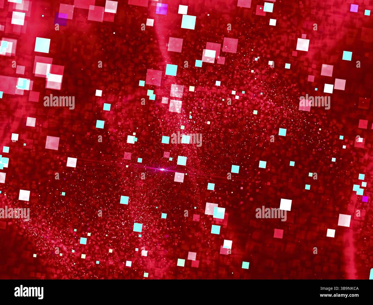 Sfondo sfocato astratto - immagine generata dal computer. Geometria frattale: Punti e quadrati caotici. Un insolito bokeh luminoso. Per copertine, Web design, banner Foto Stock