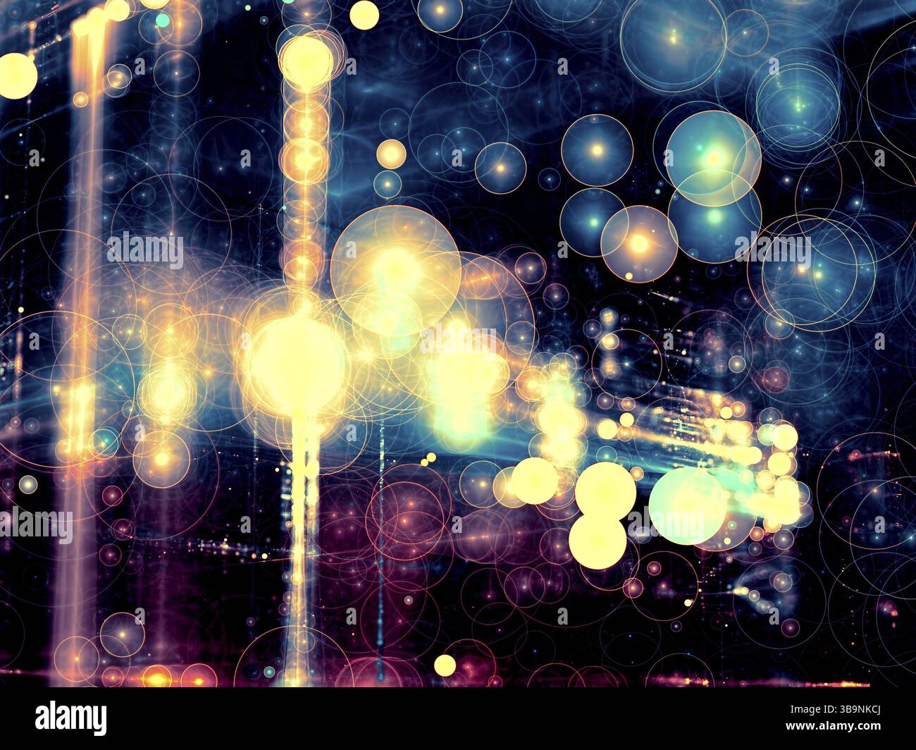 Sfondo sfocato astratto per le feste - immagine generata dal computer. Geometria frattale: Bolle posizionate in modo casuale. Sfondo bokeh alla moda Foto Stock