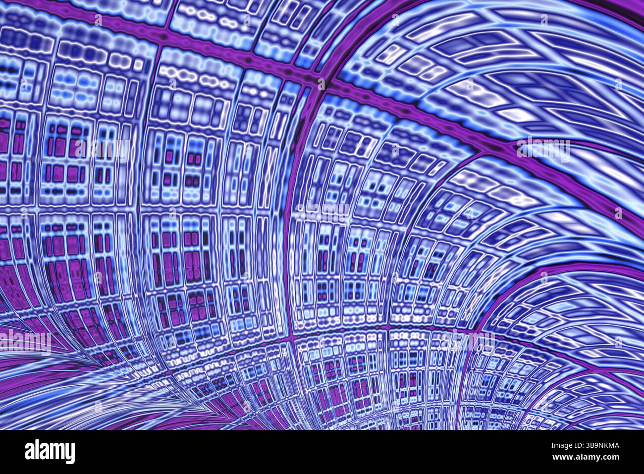 Background della tecnologia astratta - immagine generata dal computer. Geometria frattale: Superficie curva distorta con celle di dimensioni diverse come una parete di A. Foto Stock