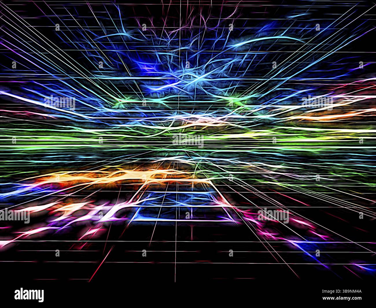 Sfondo con tecnologia astratta brillante - immagine generata dal computer. Geometria frattale: Superficie colorata, orizzonte e linee luminose al neon caotico come il flash Foto Stock