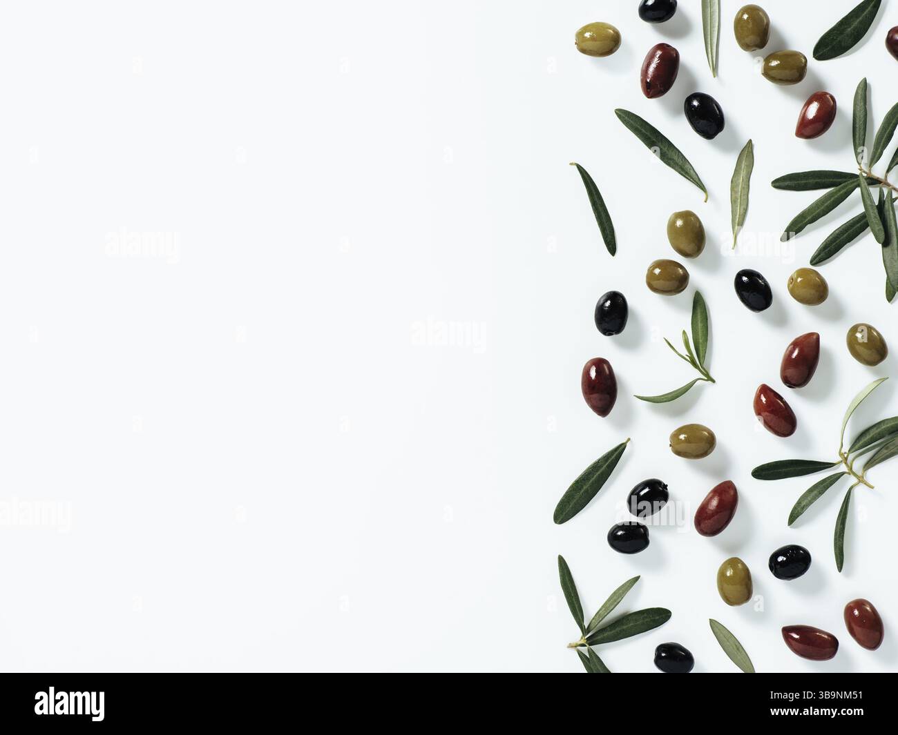 Pattern con olive verdi, nere e rosse e foglie di alberi e rami di olive su sfondo bianco. Mescolare i frutti dell'olivo e i rami come sfondo Foto Stock