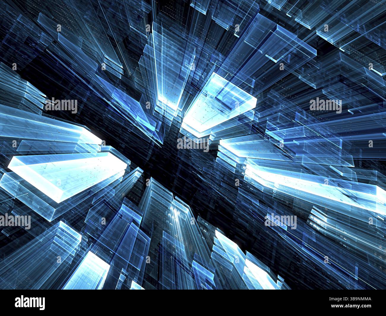 Sci-hi o background informatico - immagine astratta generata dal computer. Geometria frattale: Il caos sorvola rettangoli. Sfondo o grafica alla moda Foto Stock