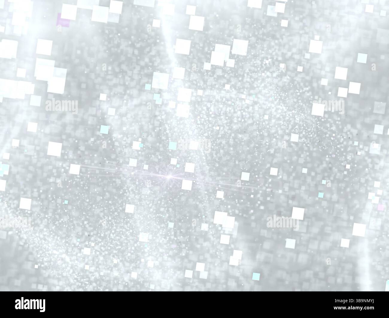 Sfondo sfocato bianco astratto - immagine generata dal computer. Geometria frattale: Punti e quadrati caotici. Un insolito bokeh luminoso. Per coperture, progettazione Web, Foto Stock