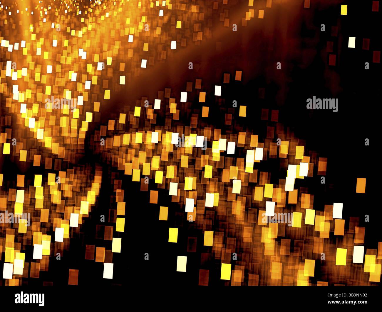 Semplice sfondo dorato con tecnologia sfocata - immagine astratta generata dal computer. Geometria frattale: Rettangoli volanti con effetti di luce. Festivo o festivo Foto Stock