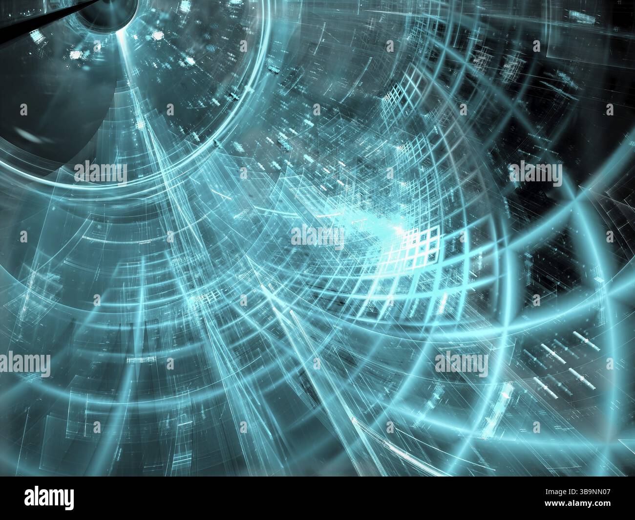 Tecnologia sfondo astratto - tunnel diagonale con griglia. Immagine generata dal computer - frattale. Concetto di design fantascientifico, hi-tech o realtà virtuale Foto Stock