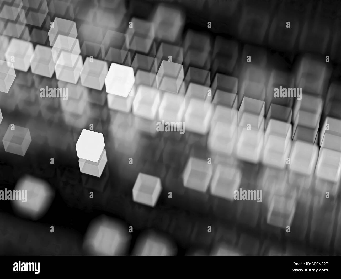 Background tecnico astratto - immagine generata dal computer. Geometria frattale: Cubi sfocati, posizionati in modo casuale e in righe. Tecnologia o background aziendale Foto Stock