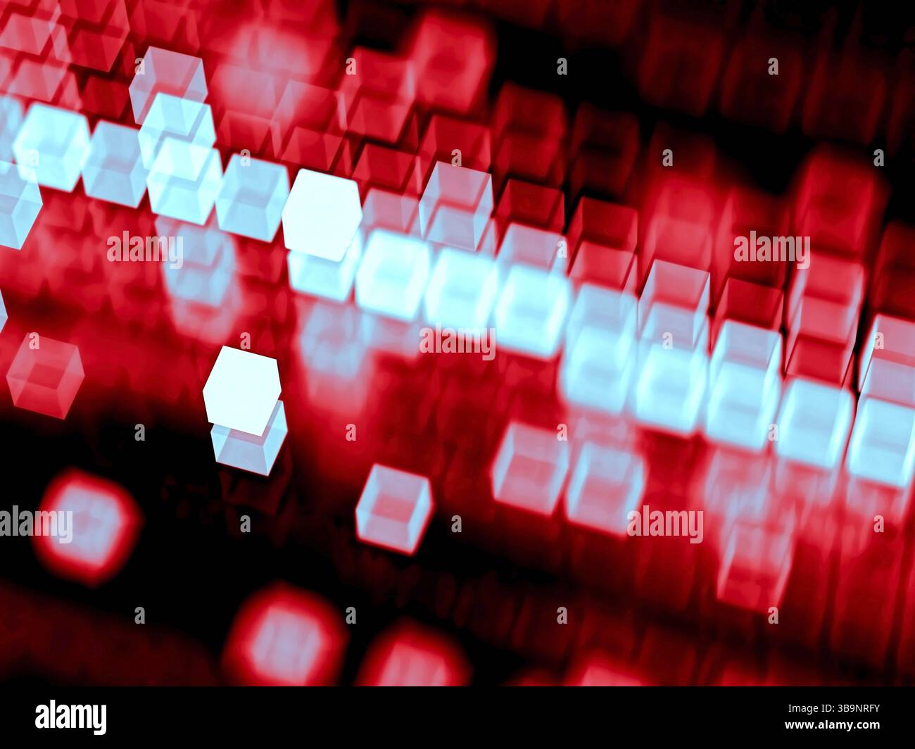 Background tecnico astratto - immagine generata dal computer. Geometria frattale: Cubi sfocati, posizionati in modo casuale e in righe. Tecnologia o background aziendale Foto Stock