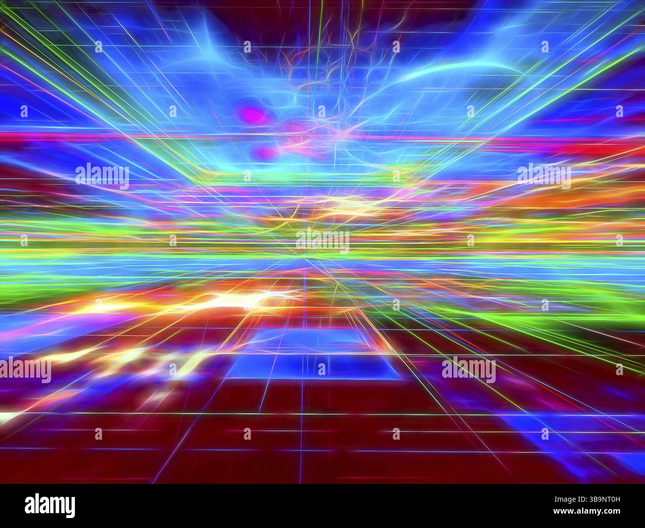 Sfondo con tecnologia astratta brillante - immagine generata dal computer. Geometria frattale: Superficie colorata, orizzonte e linee luminose al neon caotico come il flash Foto Stock