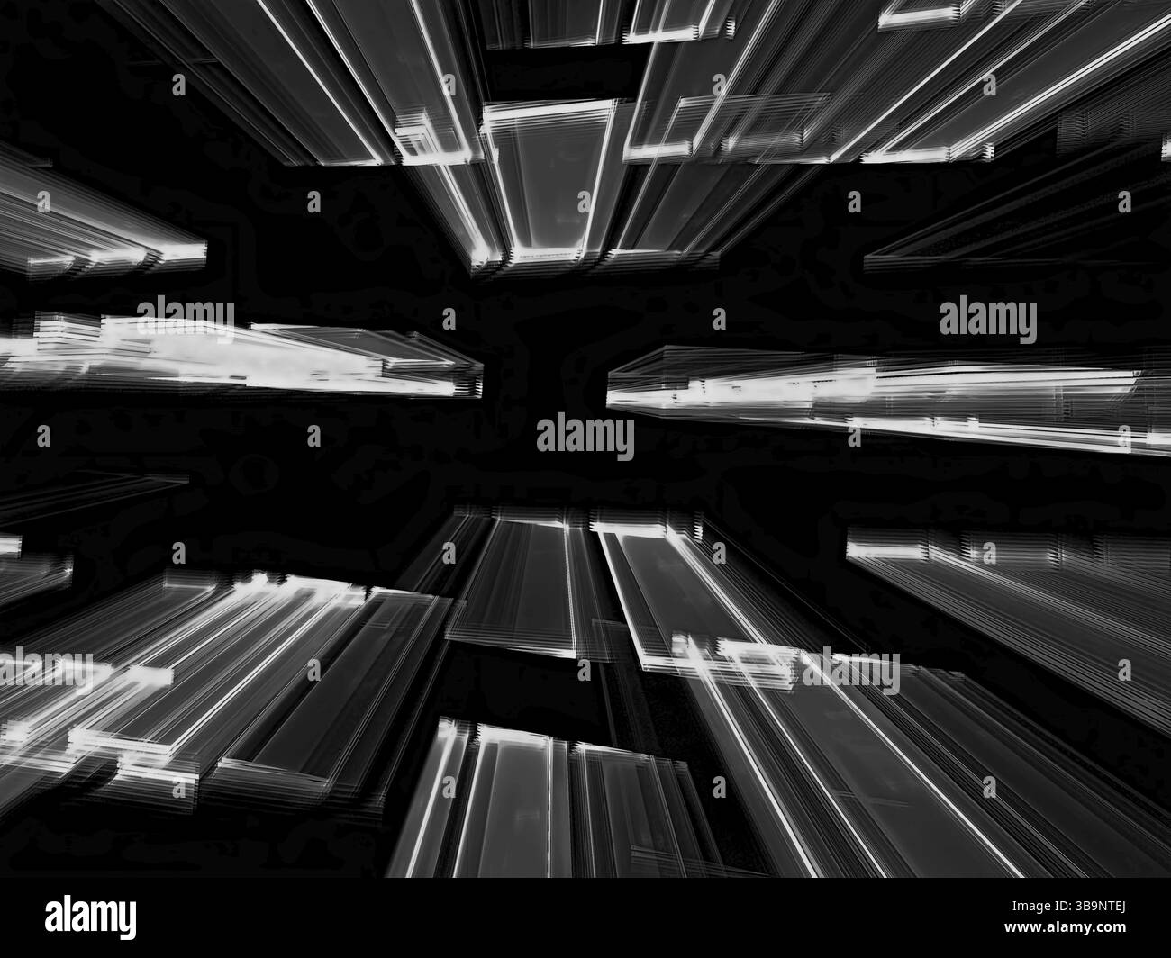 Volare verso i rettangoli orizzontali - caos sfondo frattale. Immagine sfocata generata dal computer astratta in stile tecnologico. Per la progettazione Web, copertine Foto Stock