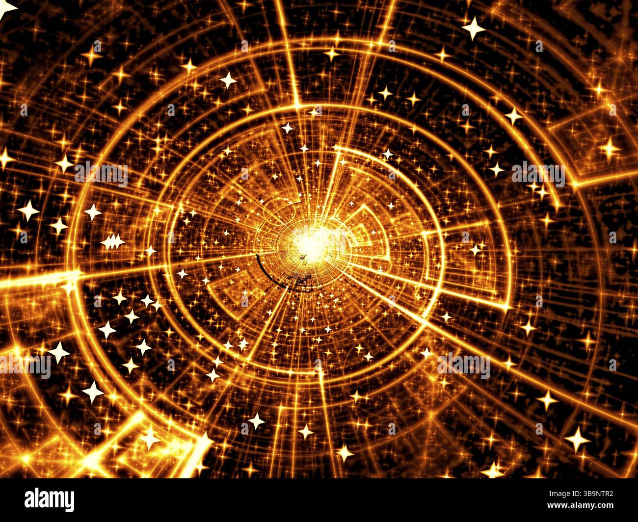 Sfondo tema tecnologia o spazio - immagine astratta generata dal computer. Geometria frattale: Disco in stile tecnico con raggi e stelle glowihg. Per web desig Foto Stock