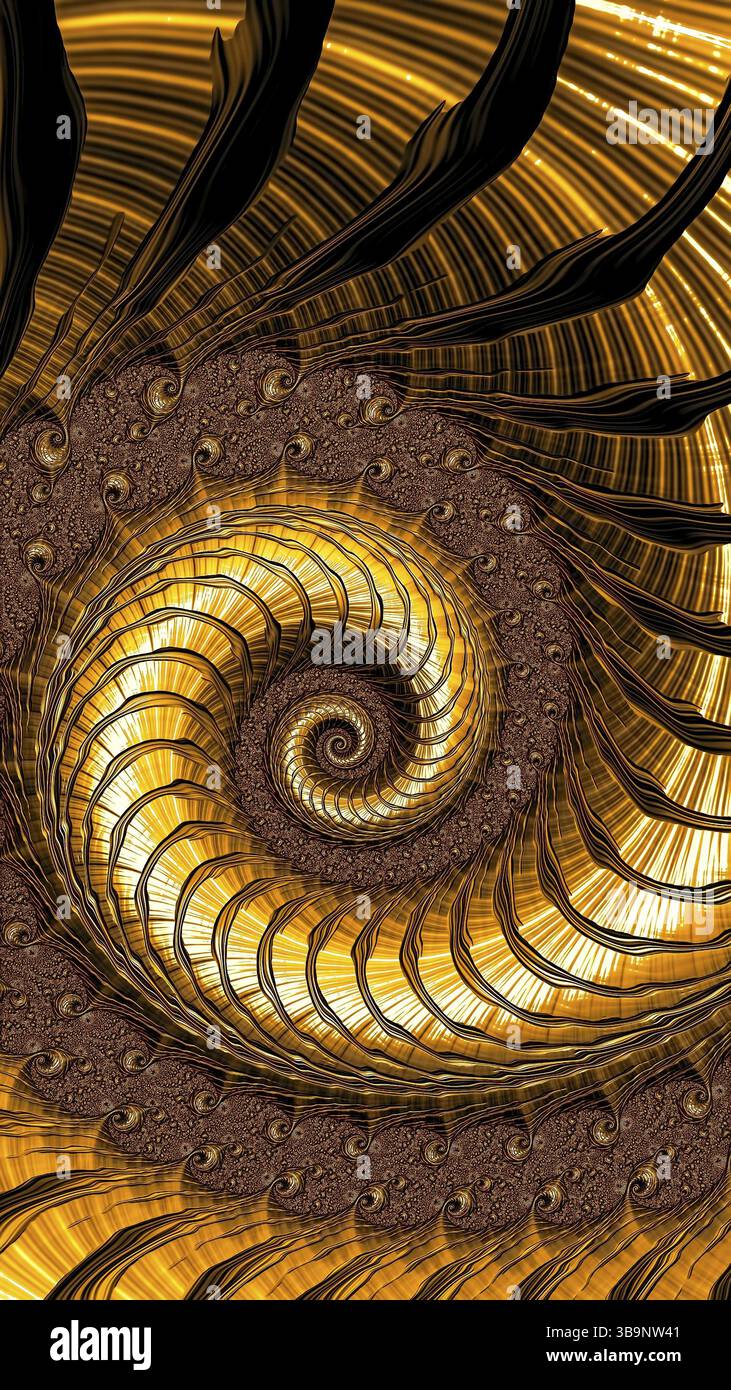 Sfondo a spirale dorata - immagine astratta generata dal computer. Geometria frattale classica: L'elica si ripete più volte. Per tappezzerie, copertine, poster Foto Stock