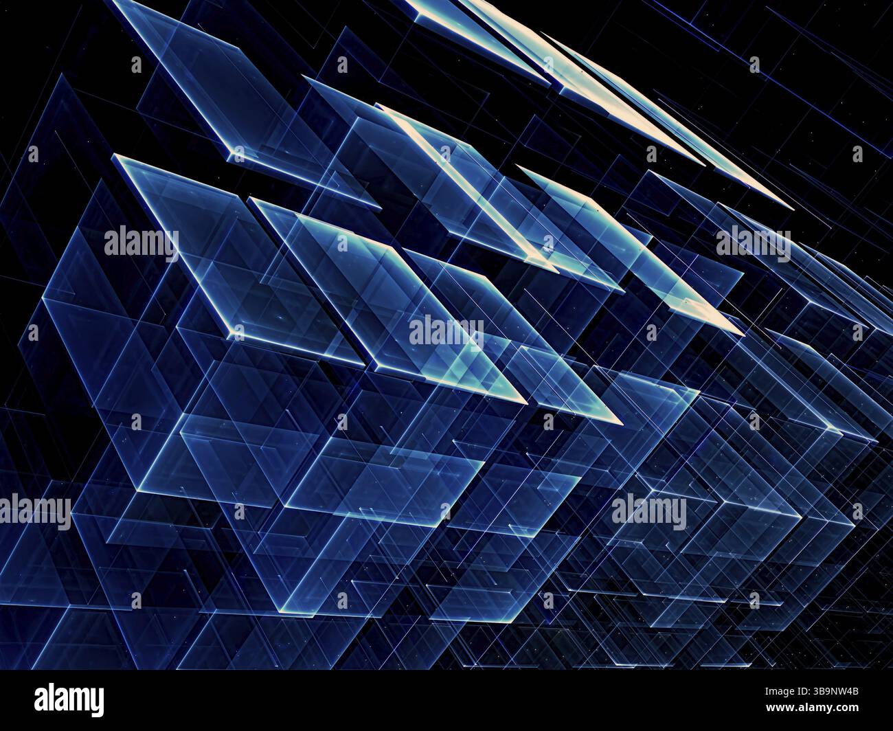 Sfondo cubi blu scuro - immagine astratta generata dal computer. Geometria frattale: Caselle traslucide create l'una sull'altra. Per il web design, le copertine, il divieto Foto Stock