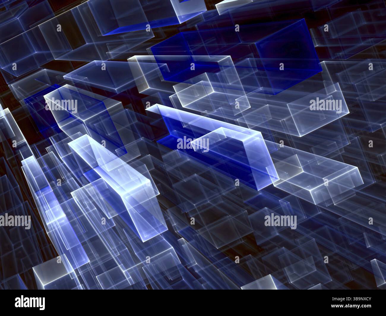 Background tecnico astratto - immagine generata dal computer. Geometria frattale: Rettangoli in vetro con effetti di luce e prospettiva. Tecnologia, business o te Foto Stock