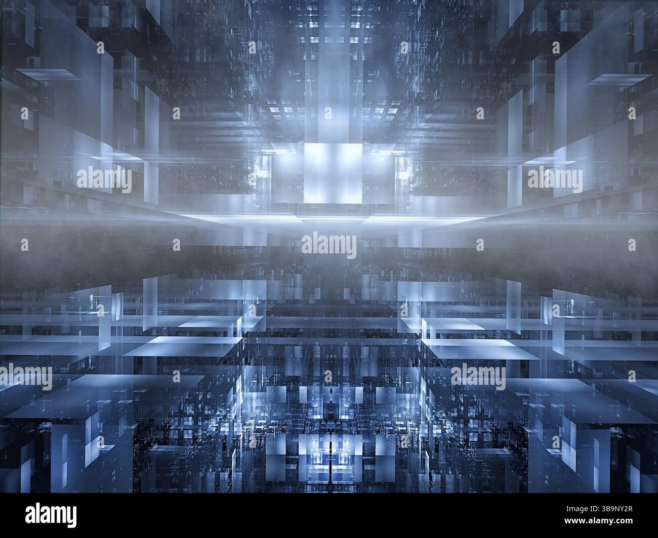 Sfondo futuristico - spazio vuoto nella nebbia - illustrazione 3d. Un design insolito di blocchi luminosi con un effetto prospettico. fantascienza o reale virtuale Foto Stock