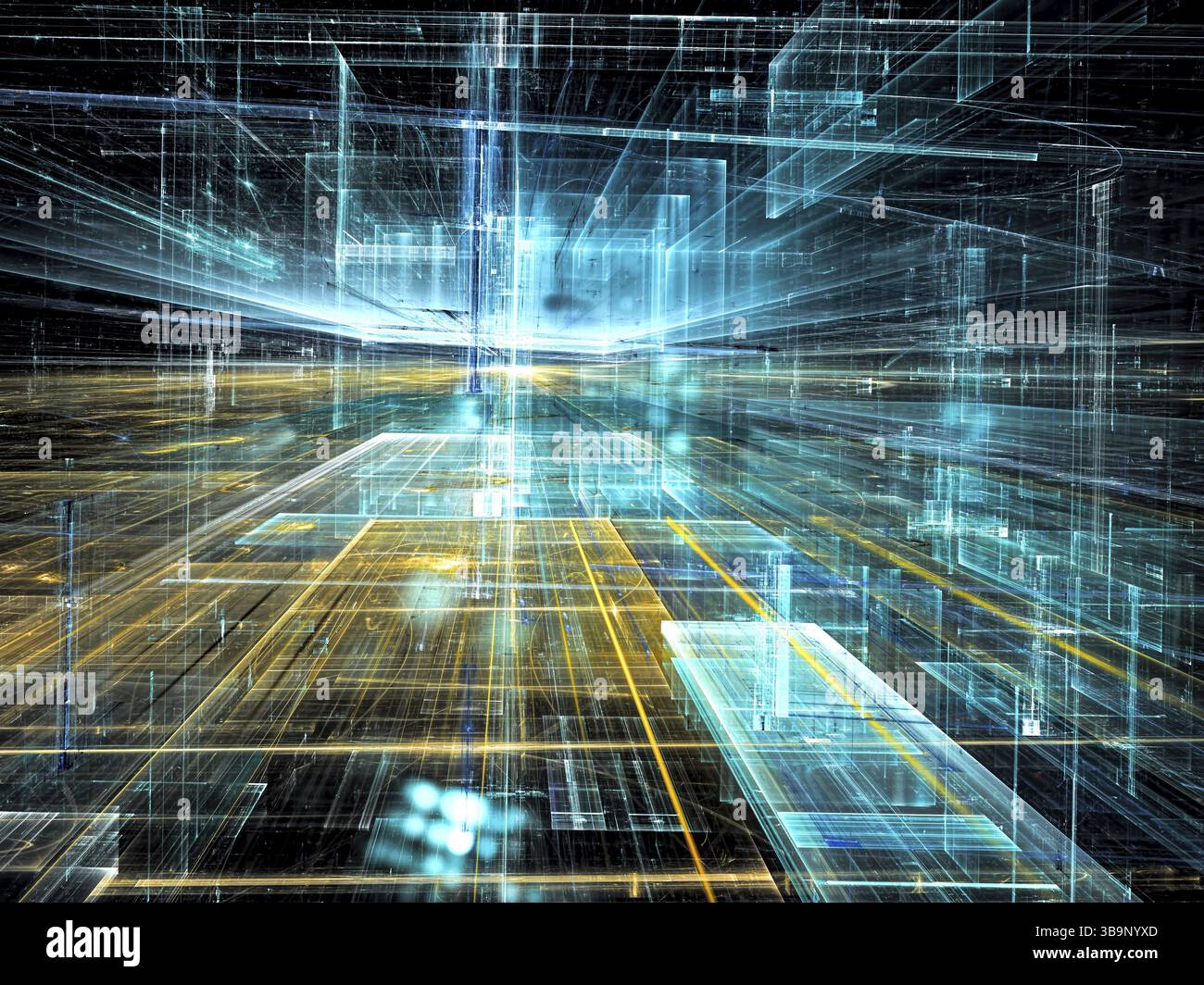 Sfondo tecnologico moderno con effetti di luce - immagine astratta generata dal computer. Geometria frattale: Sala di vetro o costruzione futuristica. Per Cove Foto Stock