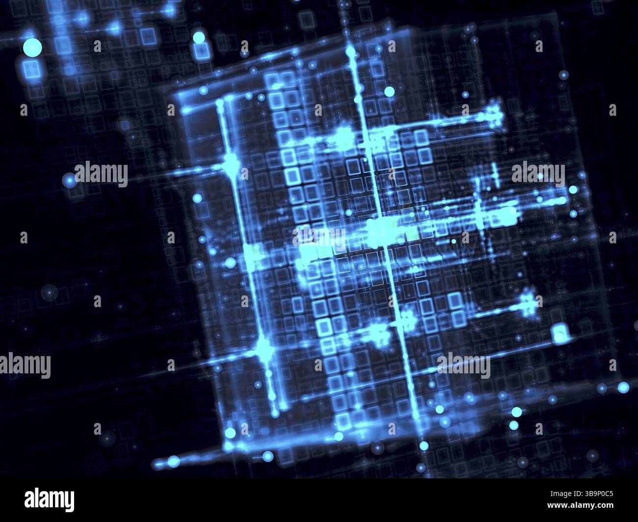 Tecnologia sfondo frattale - cubi luminosi sfocati. Immagine astratta generata dal computer. Sfondo tecnico con griglia ed effetti di luce per copertine, Web de Foto Stock