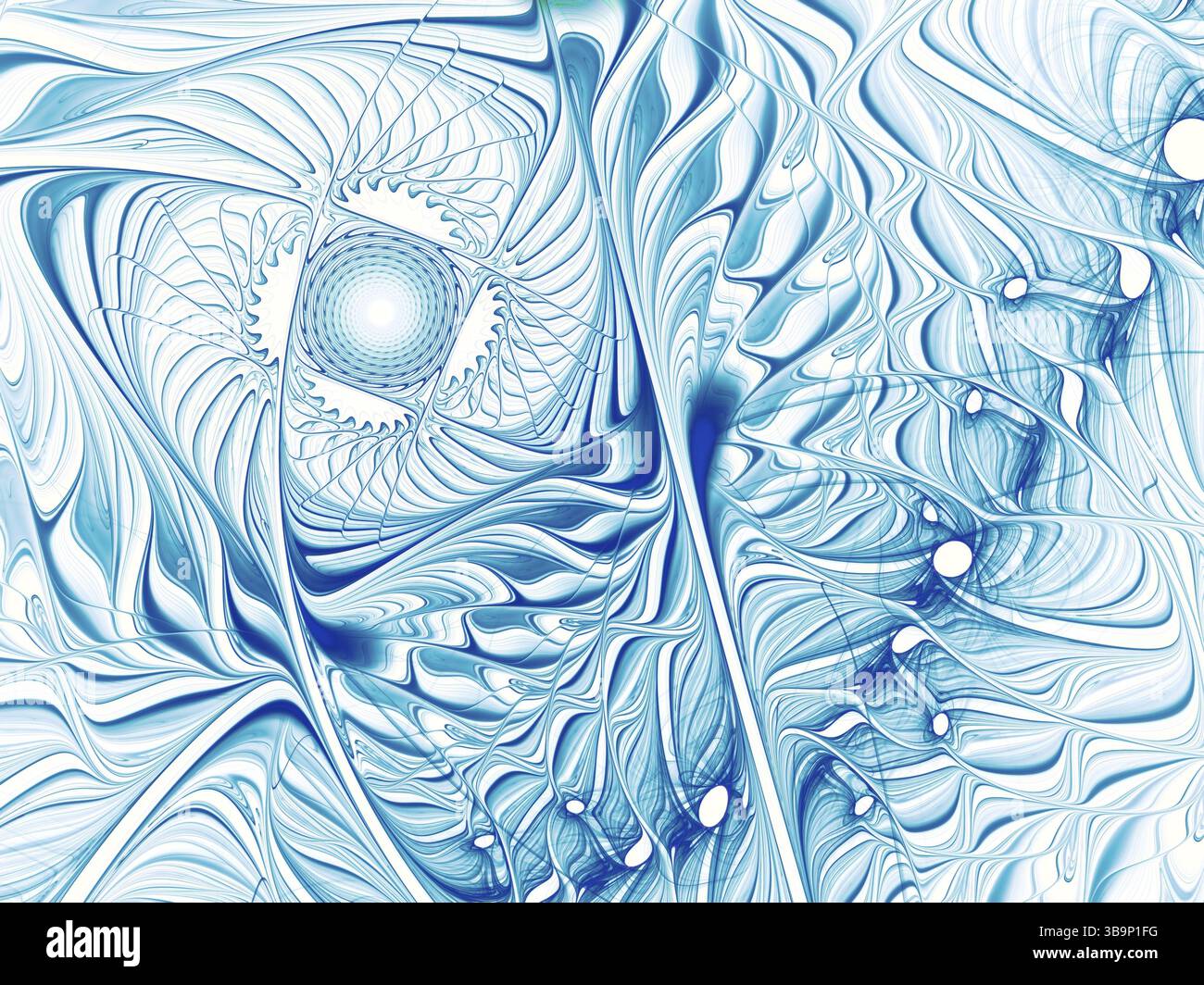 Schema frattale bianco e blu. Sfondo astratto pallido. Illustrazione generata dal computer - frattale. Progettazione complessa. Per schede, copertine, striscioni Foto Stock