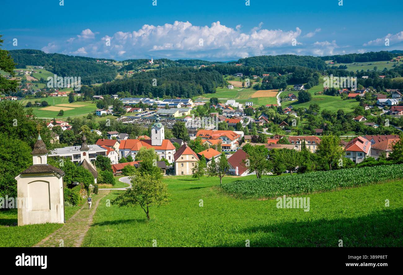 Vista elevata su una tranquilla cittadina slovena di campagna con lussureggianti verdi e case con tetto rosso, Smarje pri Jelsah, Slovenia, 21 giugno 2019 Foto Stock