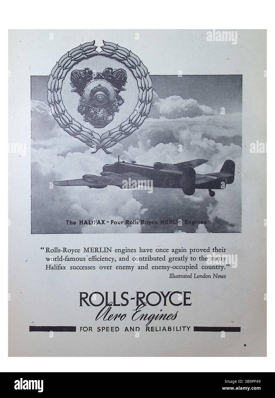 Pubblicità originale del 1943 in tempo di guerra dalla rivista aeroplana che promuoveva i motori Rolls-Royce Merlin utilizzati nel bombardiere Handley Page Halifax. L'annuncio mette in evidenza le prestazioni e l'affidabilità dei quattro motori Merlin che alimentano l'aereo, accreditati per aver contribuito al successo degli Alleati sui territori nemici. Datato 12 marzo 1943, e caratterizzato da immagini aeronautiche d'epoca e tipografia d'epoca, questo è un raro esempio di pubblicità aerospaziale durante la seconda guerra mondiale. Foto Stock