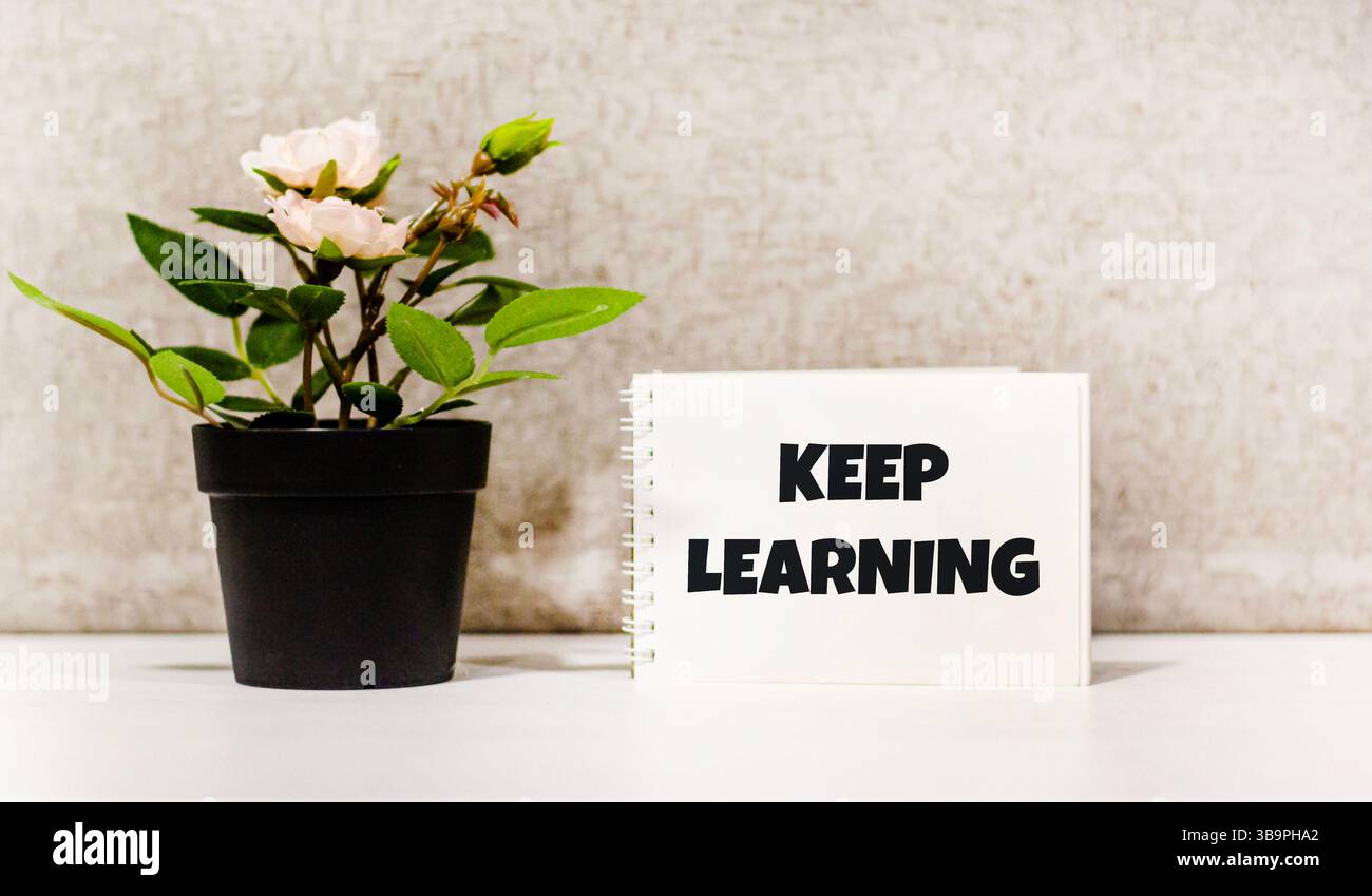 Continua a imparare, parole scritte su un notebook e sfondo grigio, un concetto motivante e stimolante di vita e di business Foto Stock