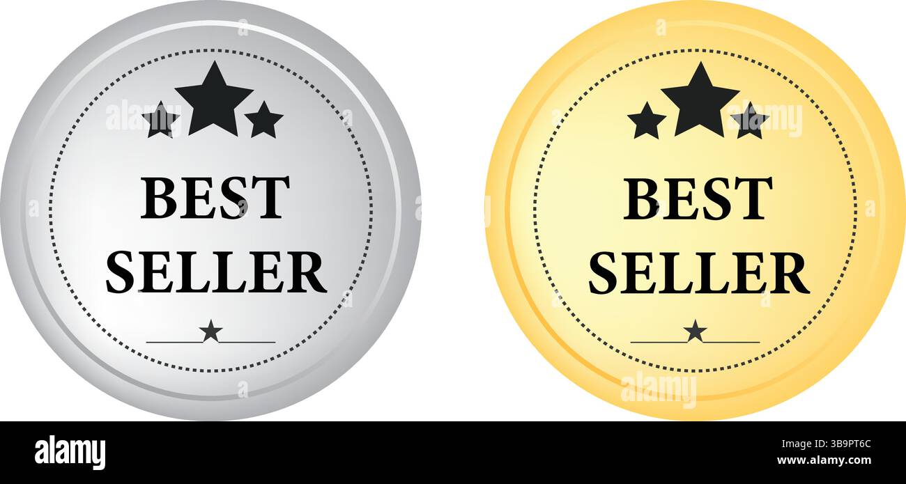 Distintivi Best Seller Silver e Gold con icone Star per la promozione dei prodotti Illustrazione Vettoriale