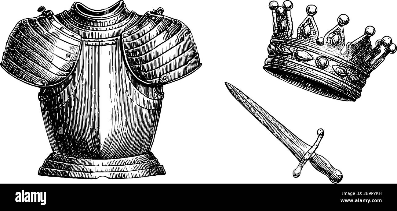 Armatura medievale, corona reale e emblema della spada per temi storici. Illustrazione Vettoriale